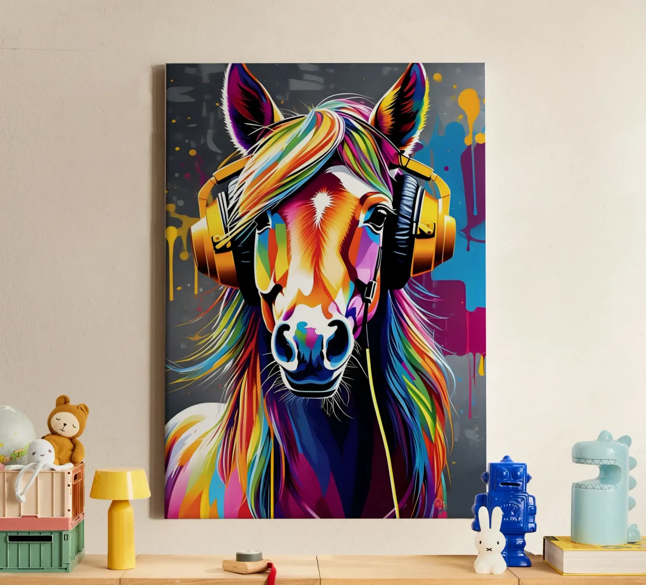 Paard in koptelefoon canvas met Baklijst van MakArena