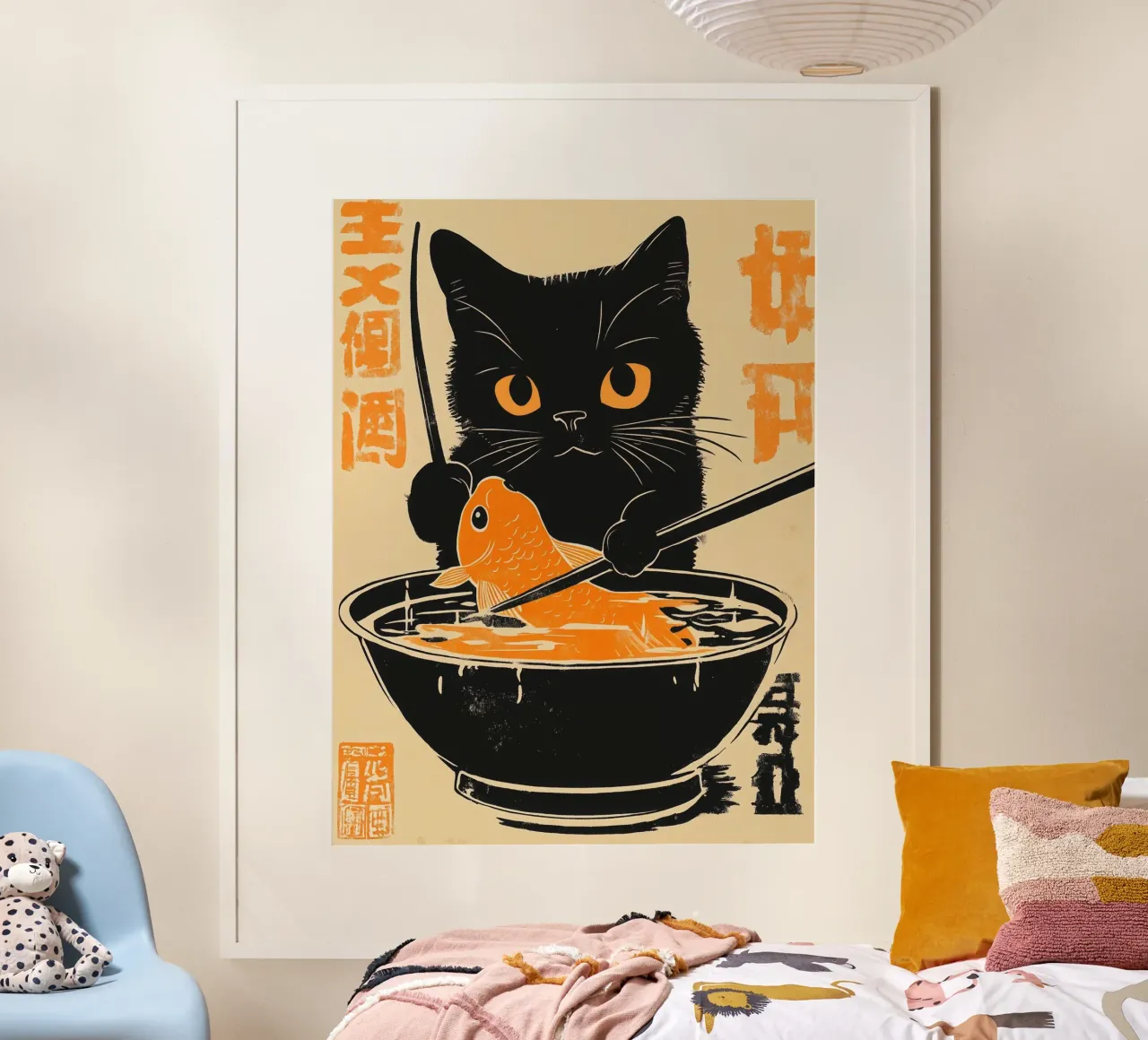 Gatto giapponese prepara il sushi di pesce rosso poster con telaio in alluminio da Autofocus