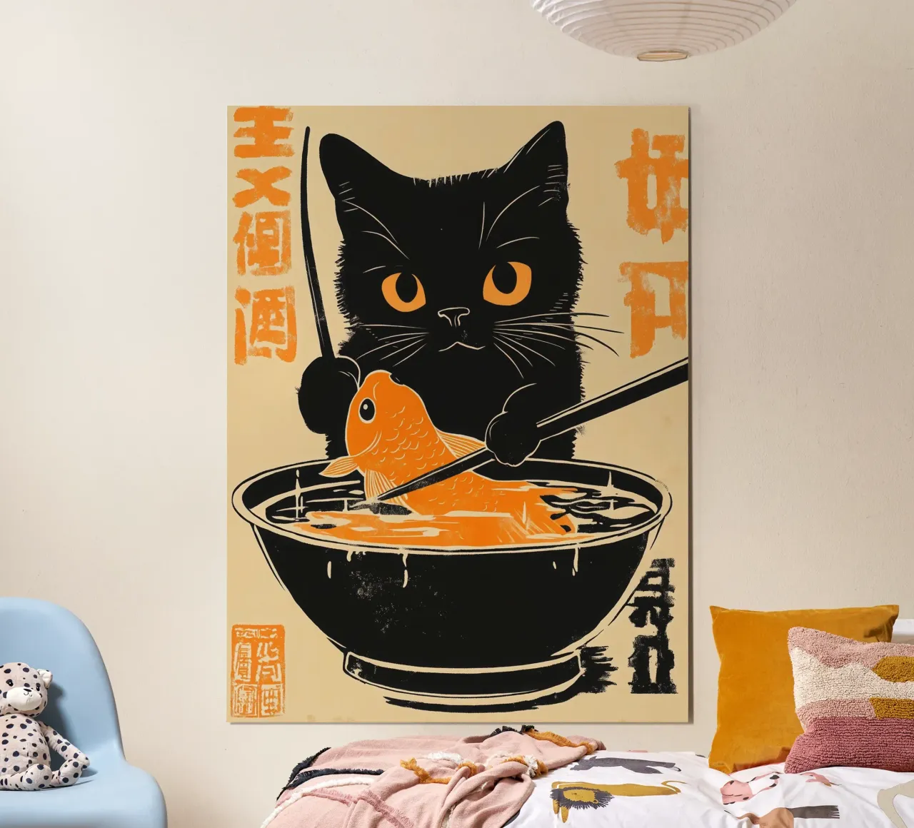 Gatto giapponese prepara il sushi di pesce rosso poster con telaio in alluminio da Autofocus