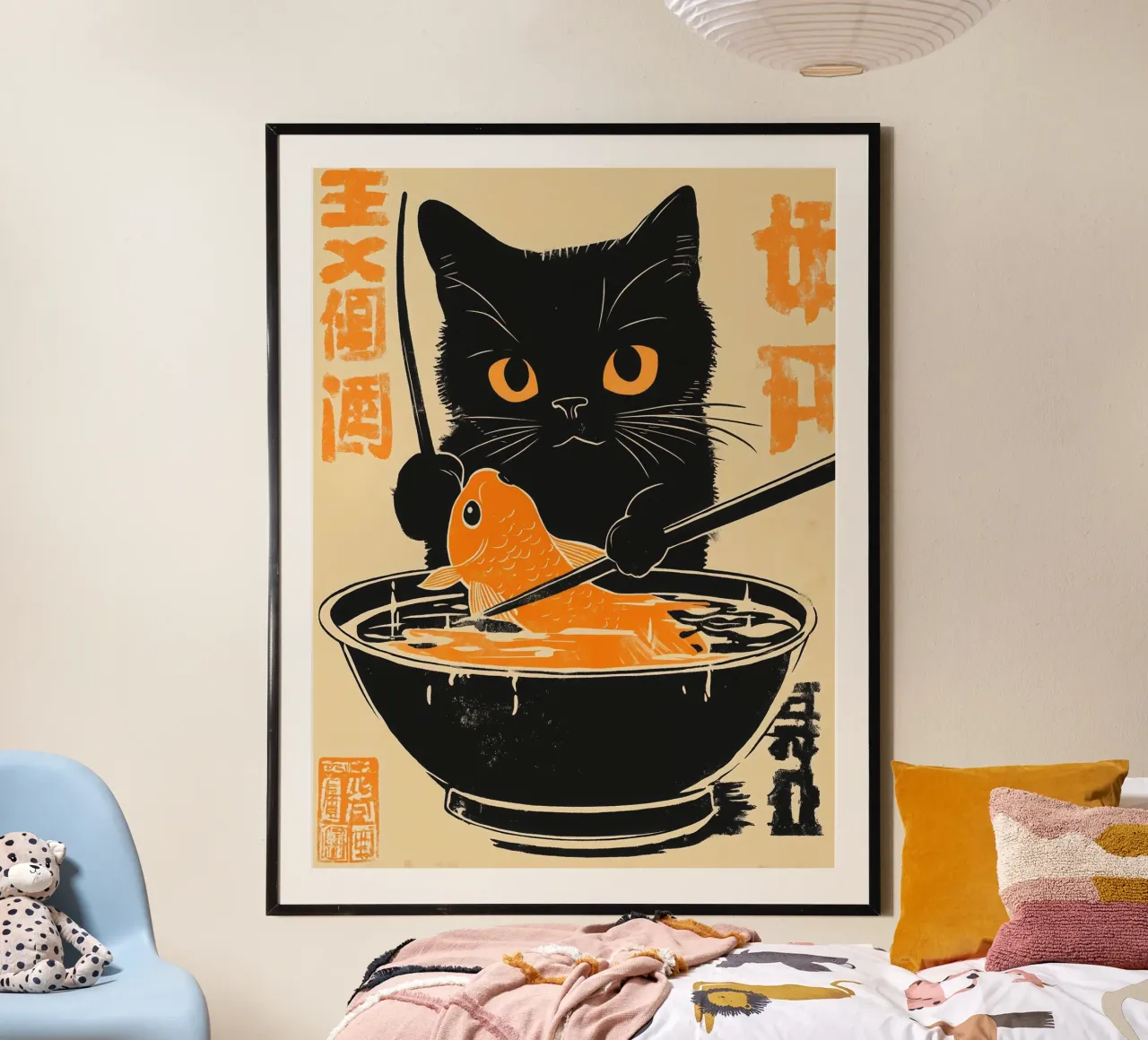 Gatto giapponese prepara il sushi di pesce rosso poster con telaio in alluminio da Autofocus