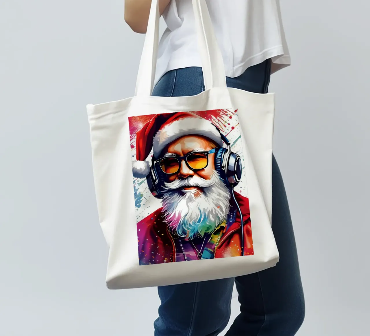 Babbo Natale con le cuffie borsa in juta da Holidays