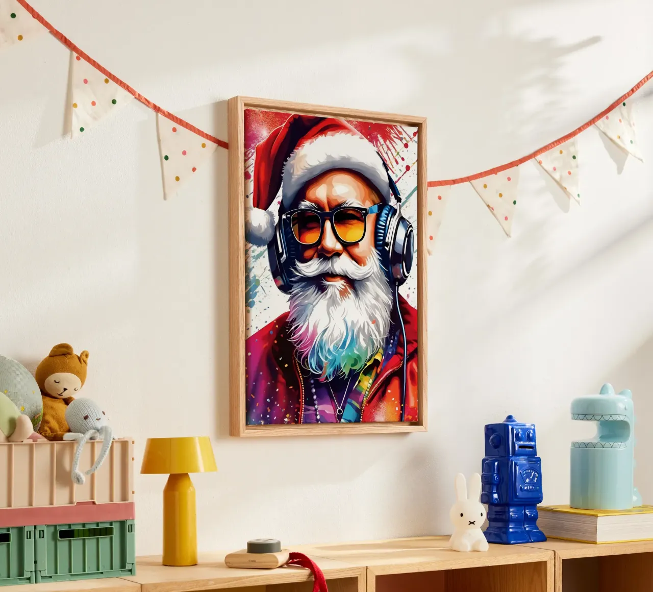 Babbo Natale con le cuffie tela con Cornice a cassetta da Holidays