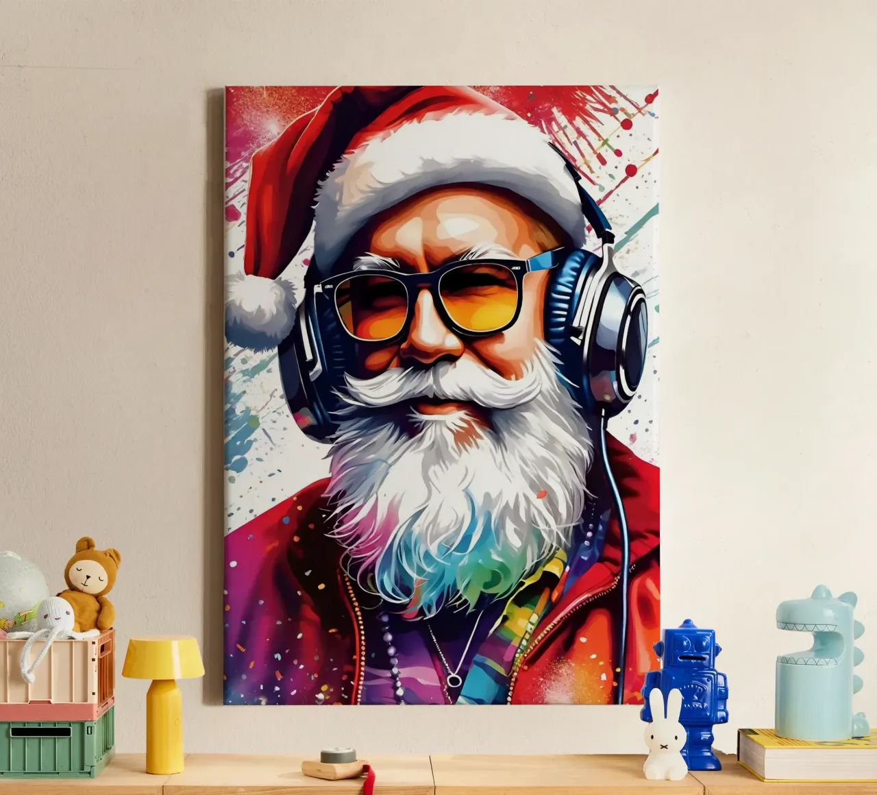 Babbo Natale con le cuffie tela con Cornice a cassetta da Holidays