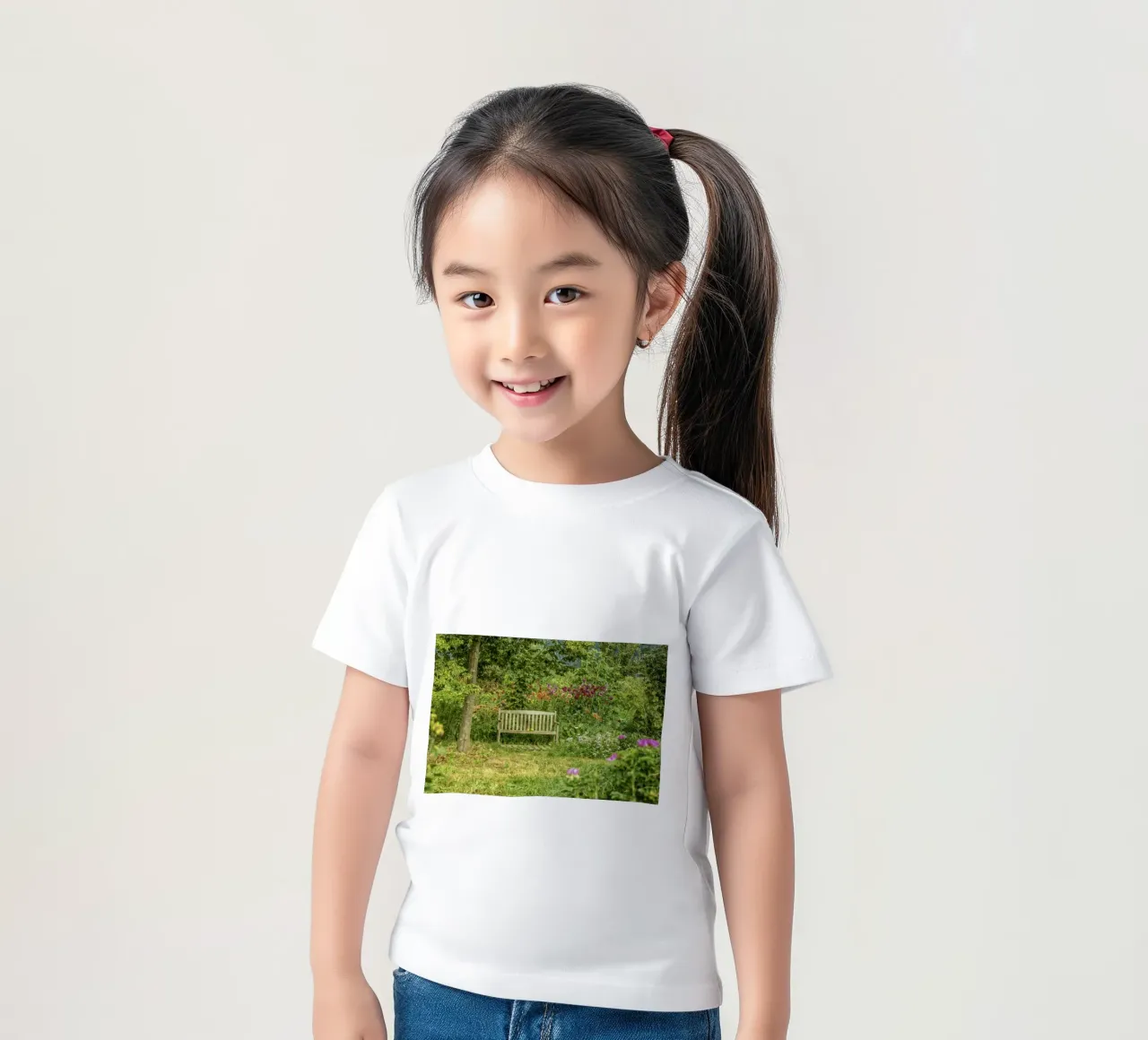 Bench nestled within a vibrant flower garden t-shirt bambini da Curious Collections by Marielle Leenders