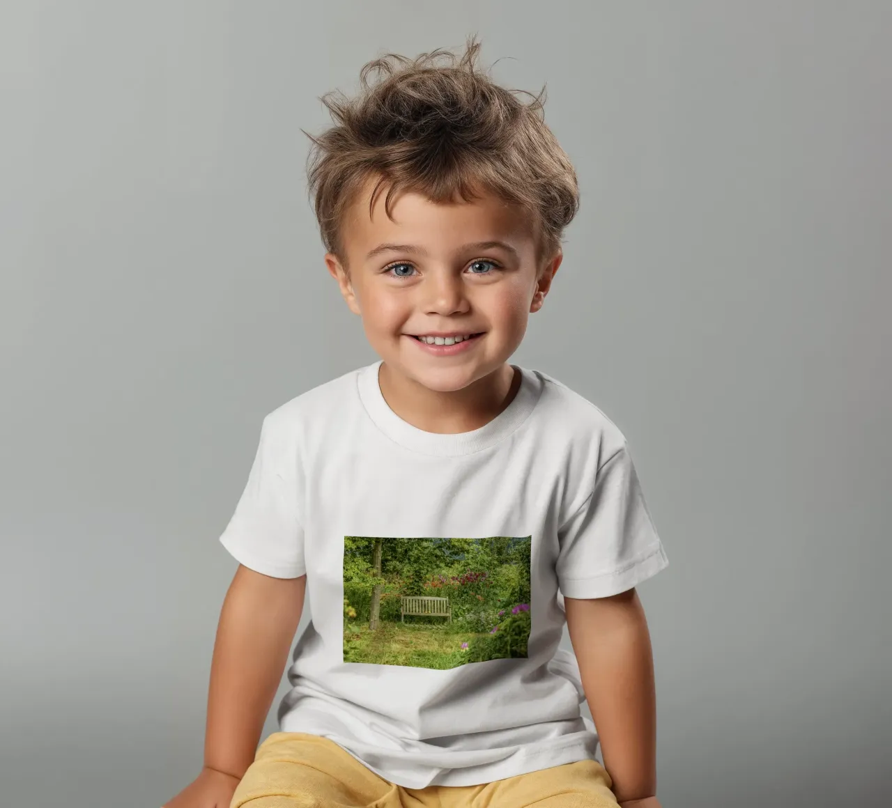 Bench nestled within a vibrant flower garden t-shirt bambini da Curious Collections by Marielle Leenders