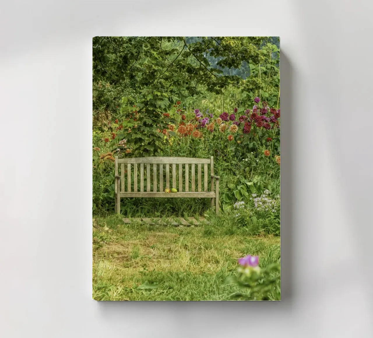 Bench nestled within a vibrant flower garden notebook by Curious Collections by Marielle Leenders