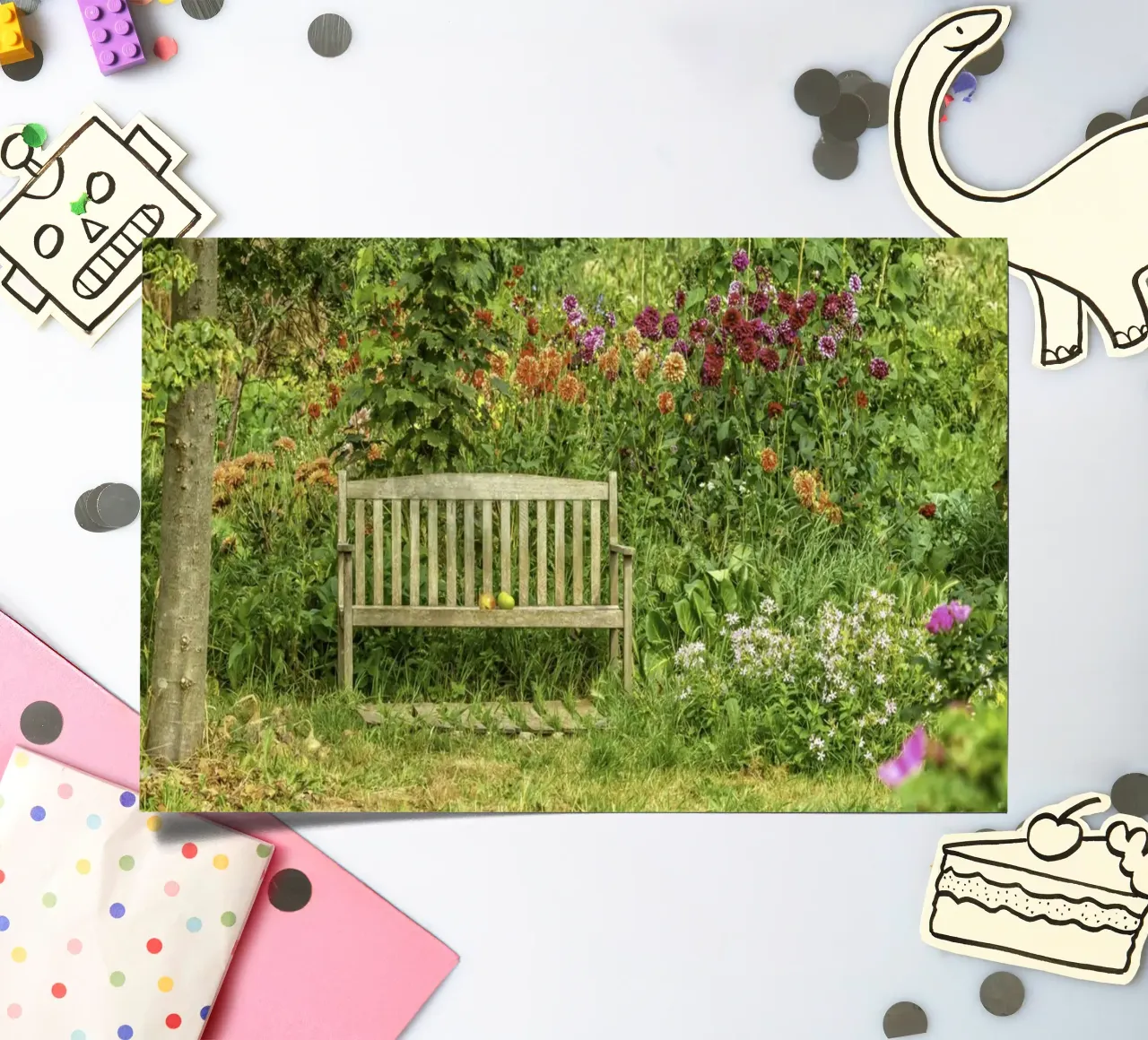 Bench nestled within a vibrant flower garden planche autocollant de Curious Collections by Marielle Leenders