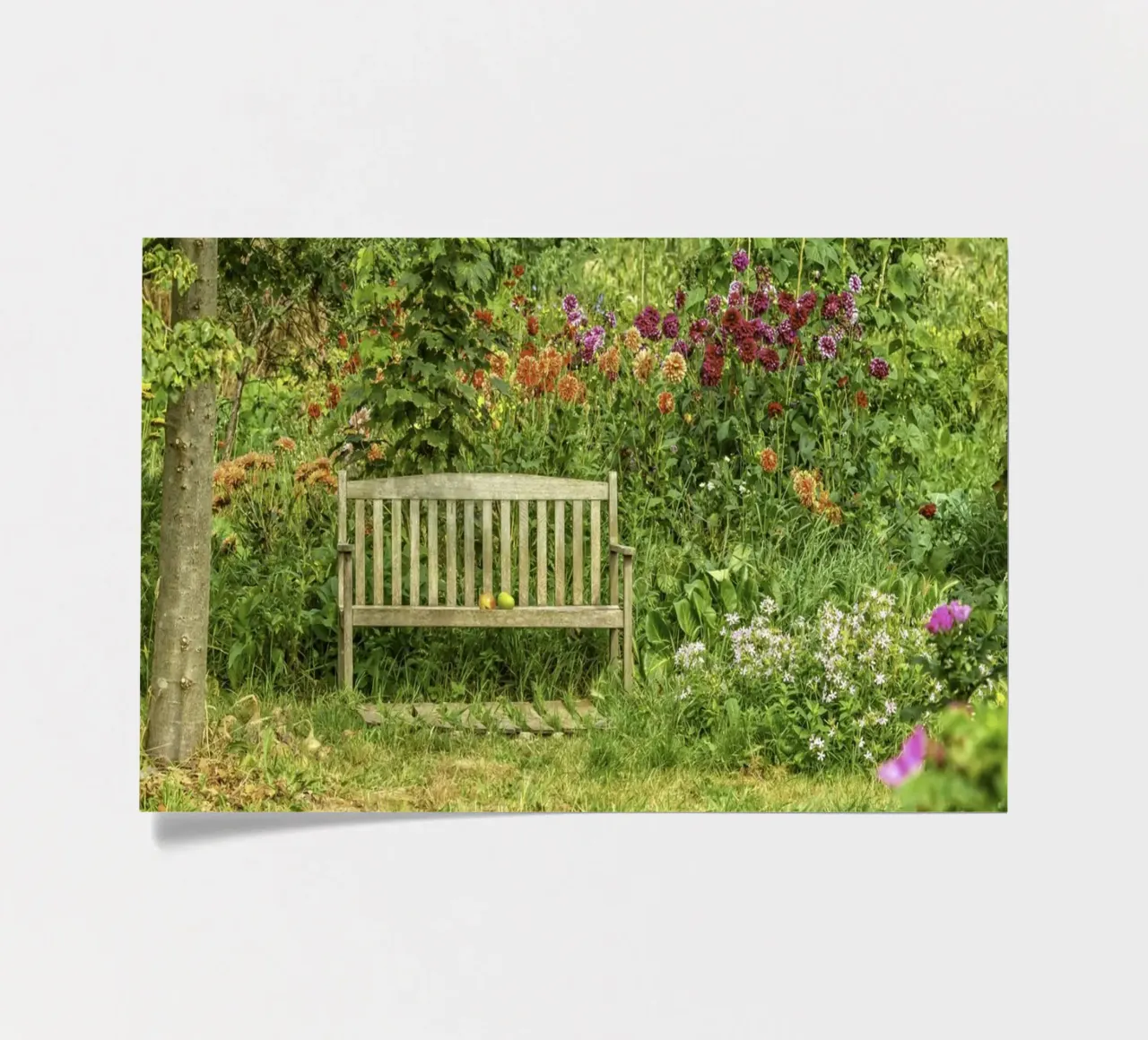 Bench nestled within a vibrant flower garden planche autocollant de Curious Collections by Marielle Leenders