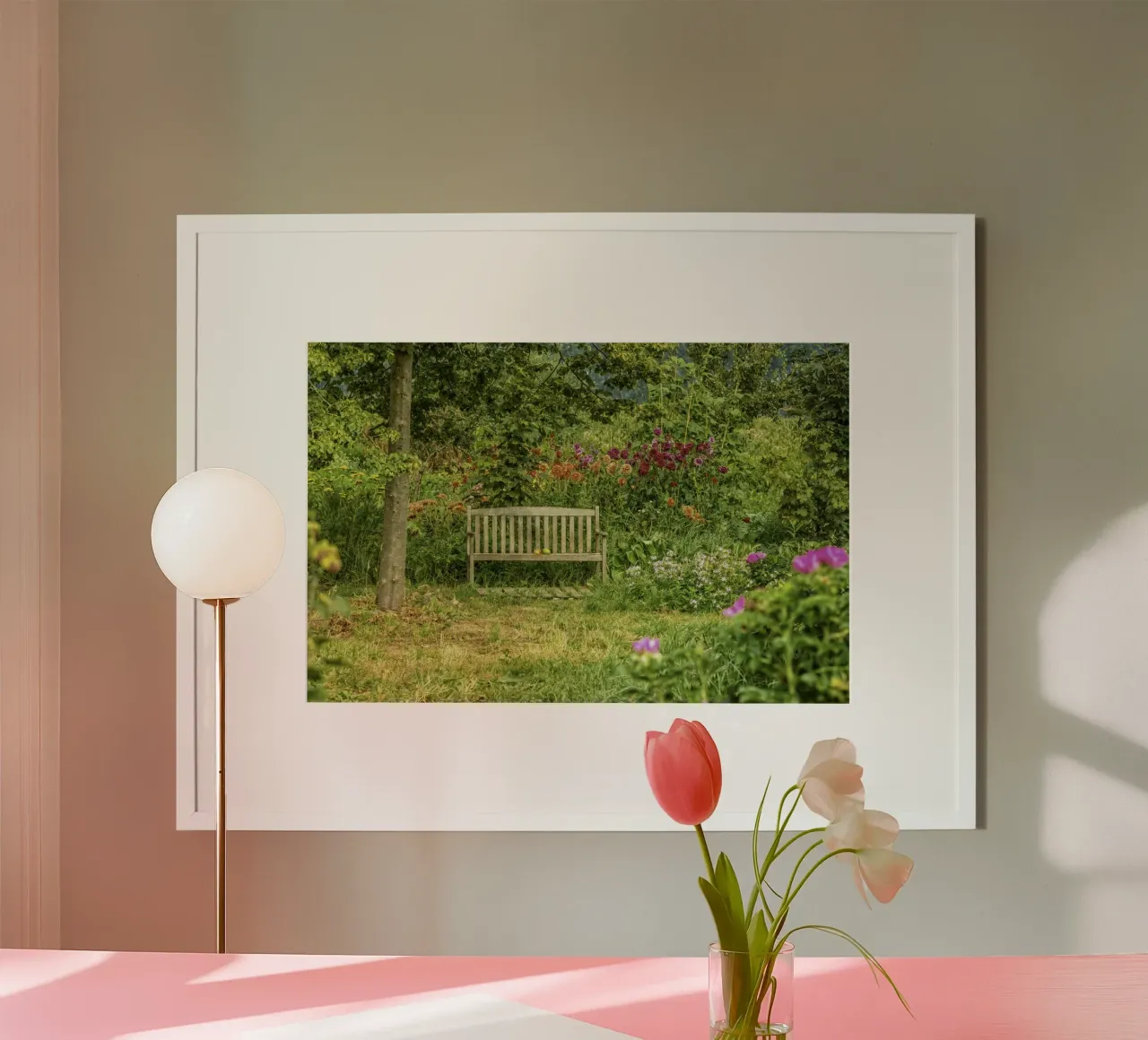 Bench nestled within a vibrant flower garden carta hahnemühle da Curious Collections by Marielle Leenders