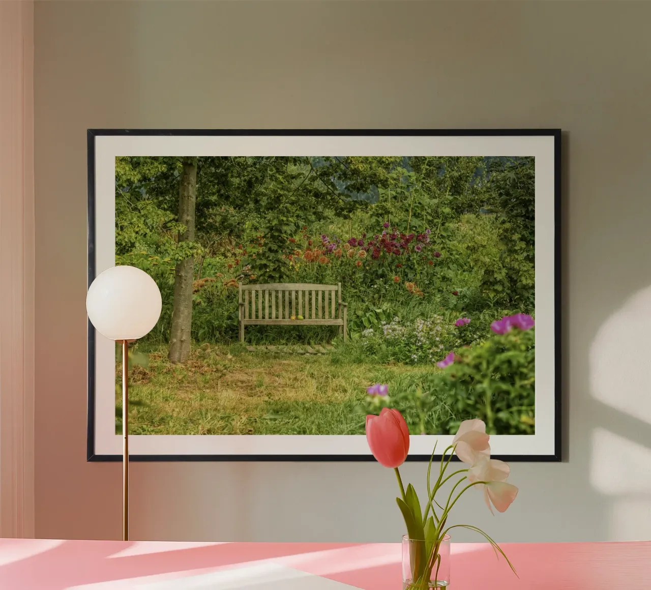 Bench nestled within a vibrant flower garden carta hahnemühle da Curious Collections by Marielle Leenders