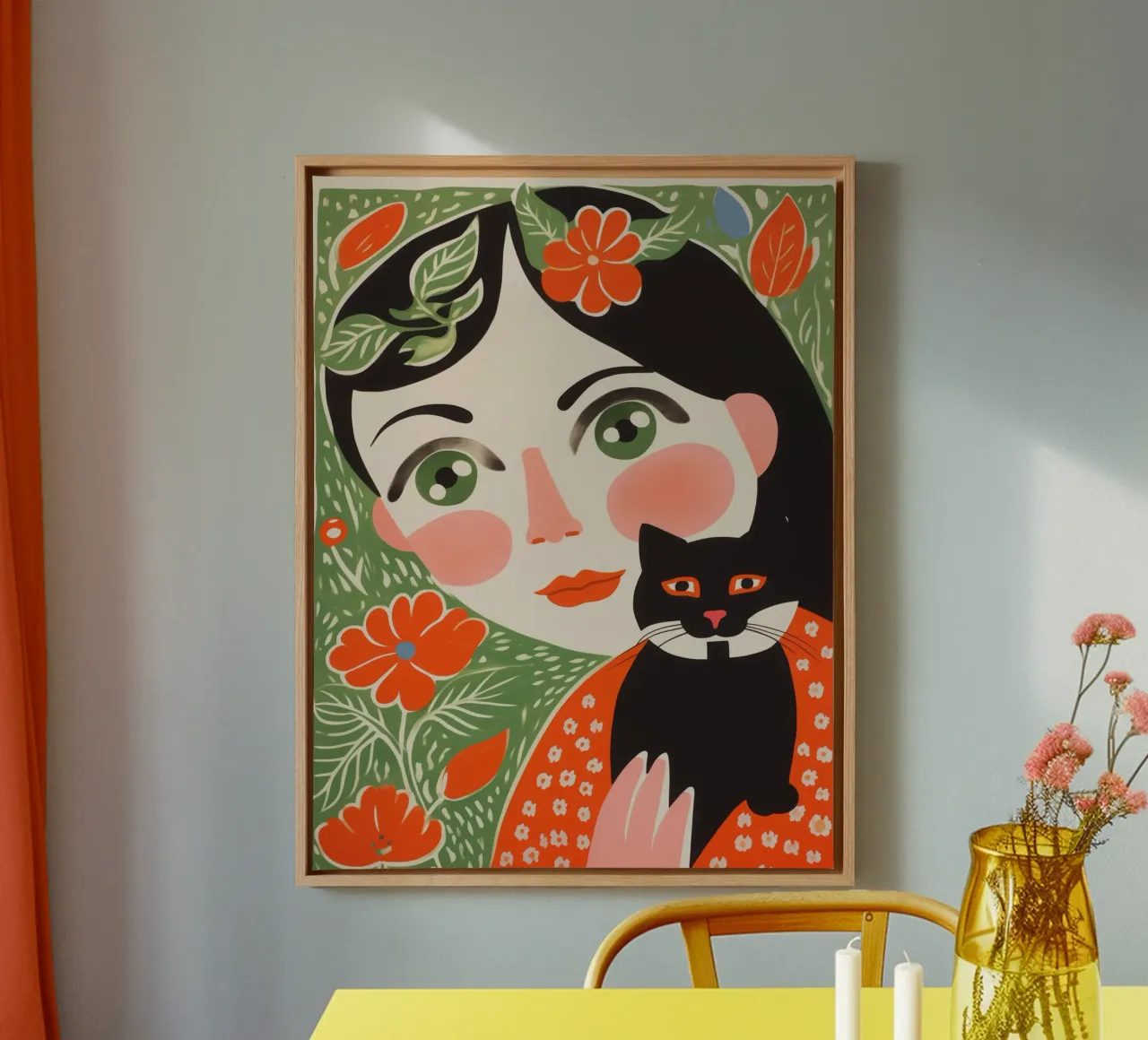 Bambino con gatto piccolo | Pittura naif tela con Cornice a cassetta da Autofocus
