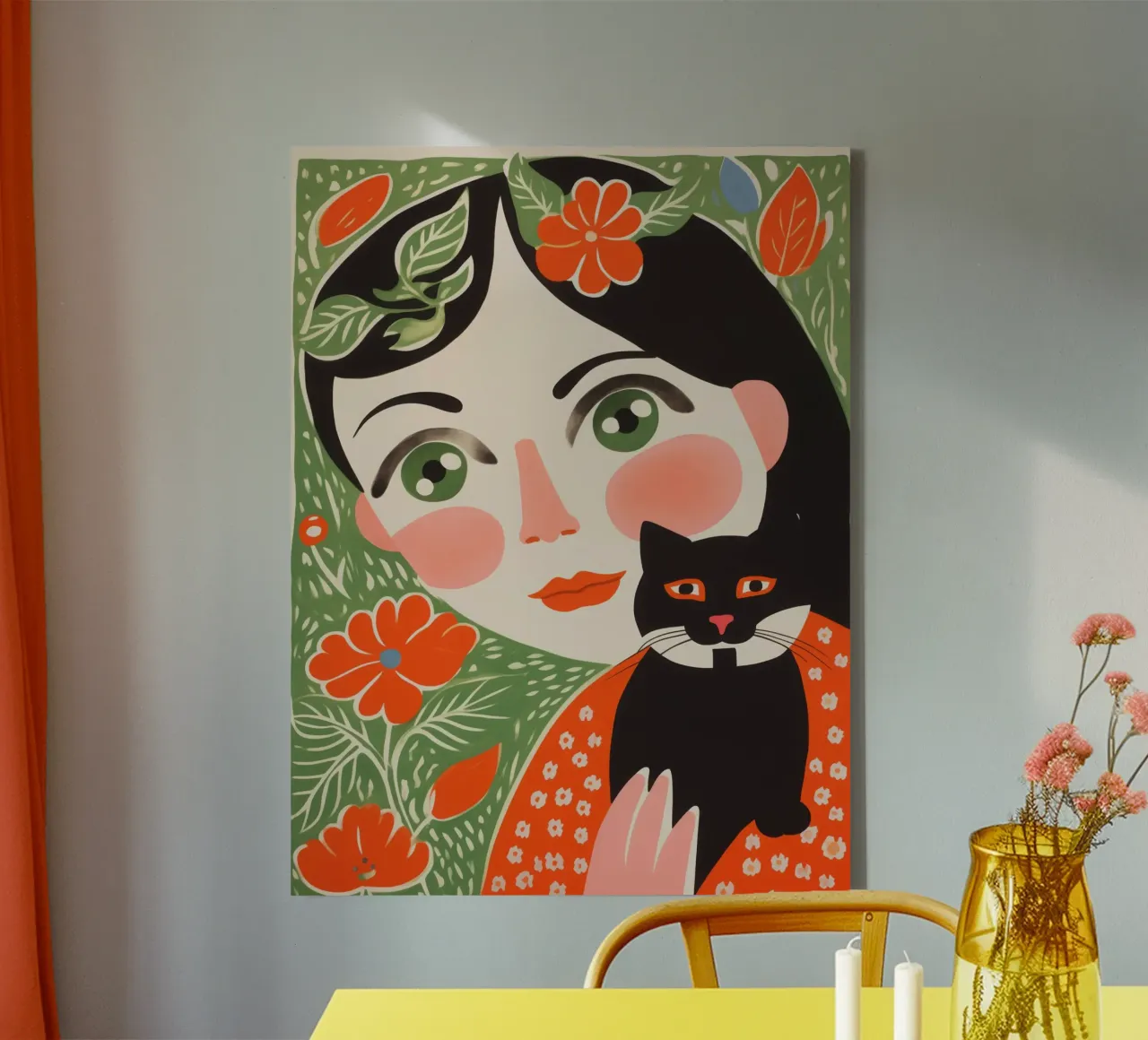 Bambino con gatto piccolo | Pittura naif tela con Cornice a cassetta da Autofocus