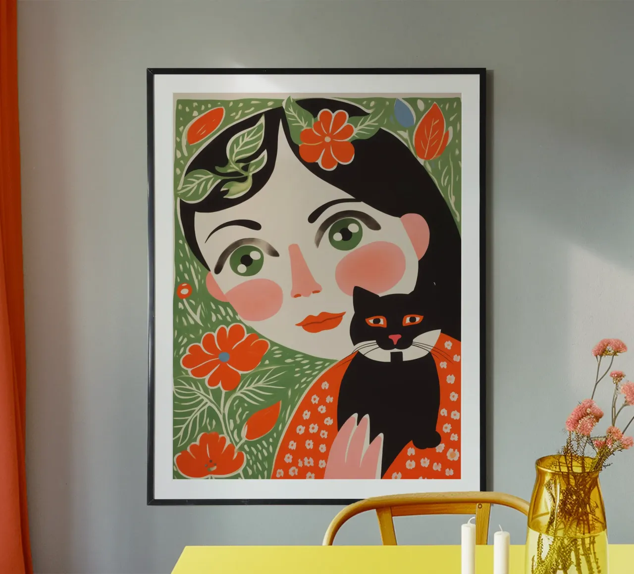 Bambino con gatto piccolo | Pittura naif poster con telaio in legno da Autofocus