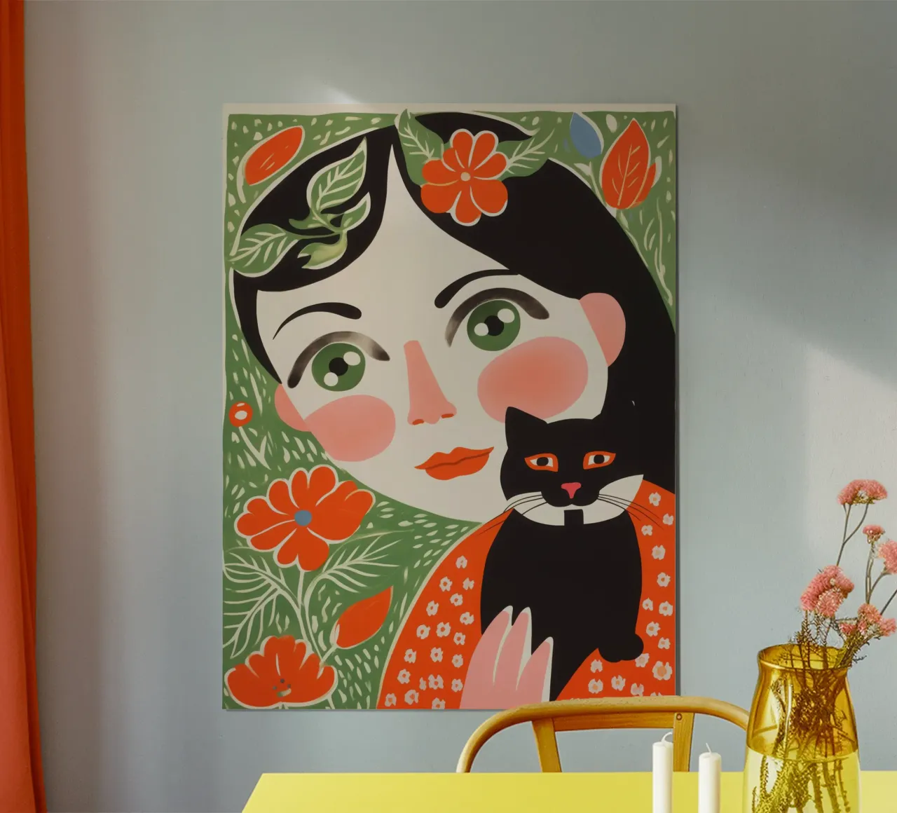 Bambino con gatto piccolo | Pittura naif poster con telaio in legno da Autofocus
