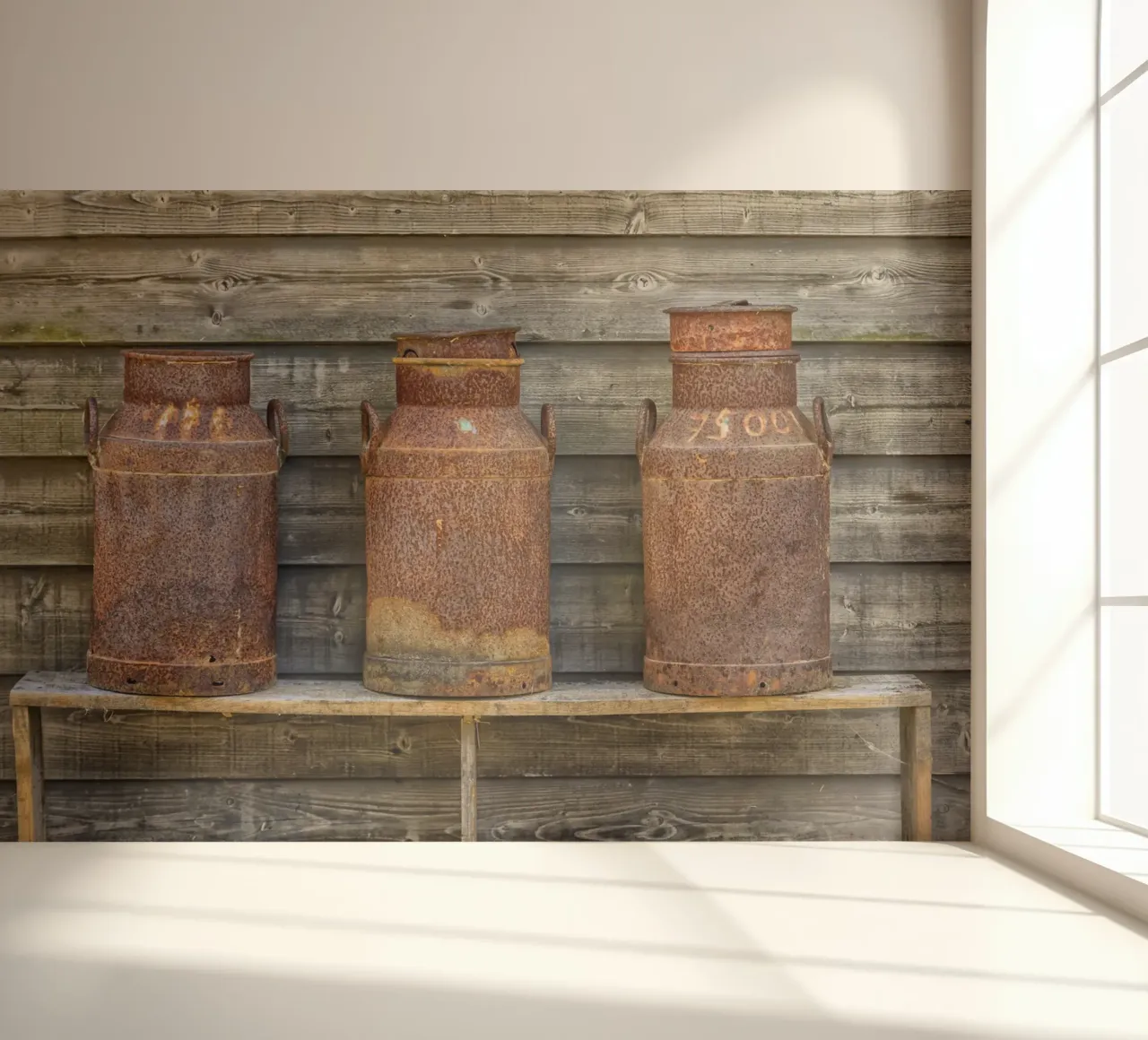 Vintage Farm Charm - Three Rusty Milk Cans in a Row papel para pared de Curious Collections by Marielle Leenders