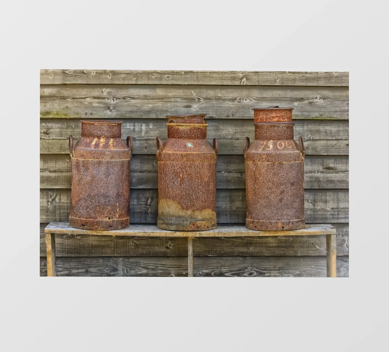Vintage Farm Charm - Three Rusty Milk Cans in a Row papel para pared de Curious Collections by Marielle Leenders