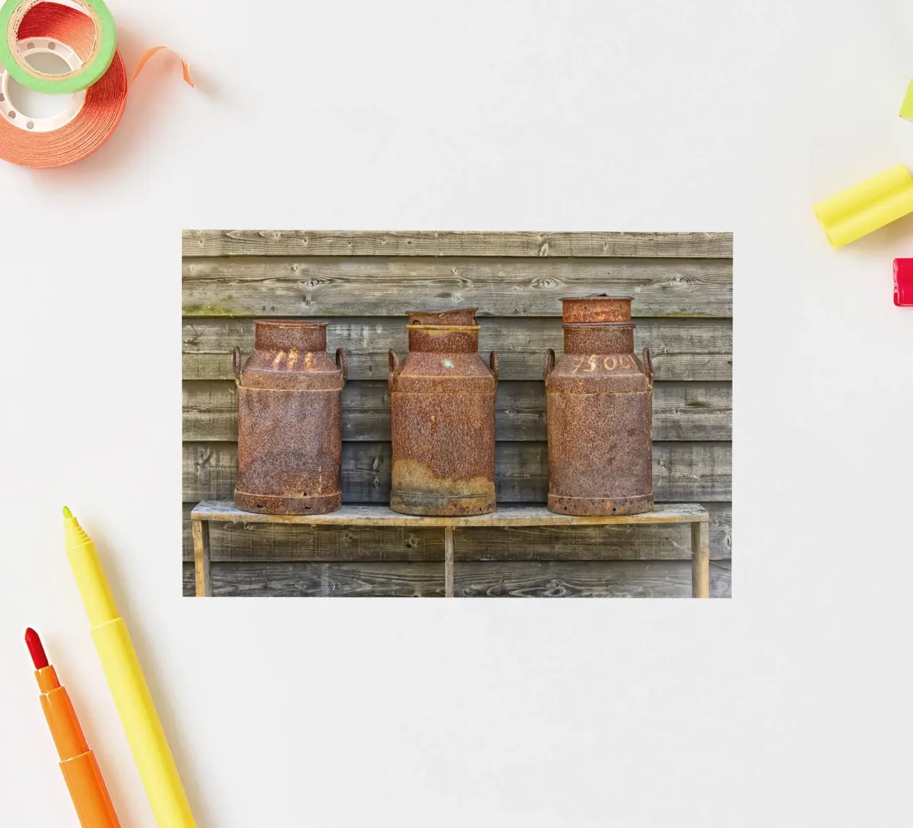 Vintage Farm Charm - Three Rusty Milk Cans in a Row adesivo da Curious Collections by Marielle Leenders