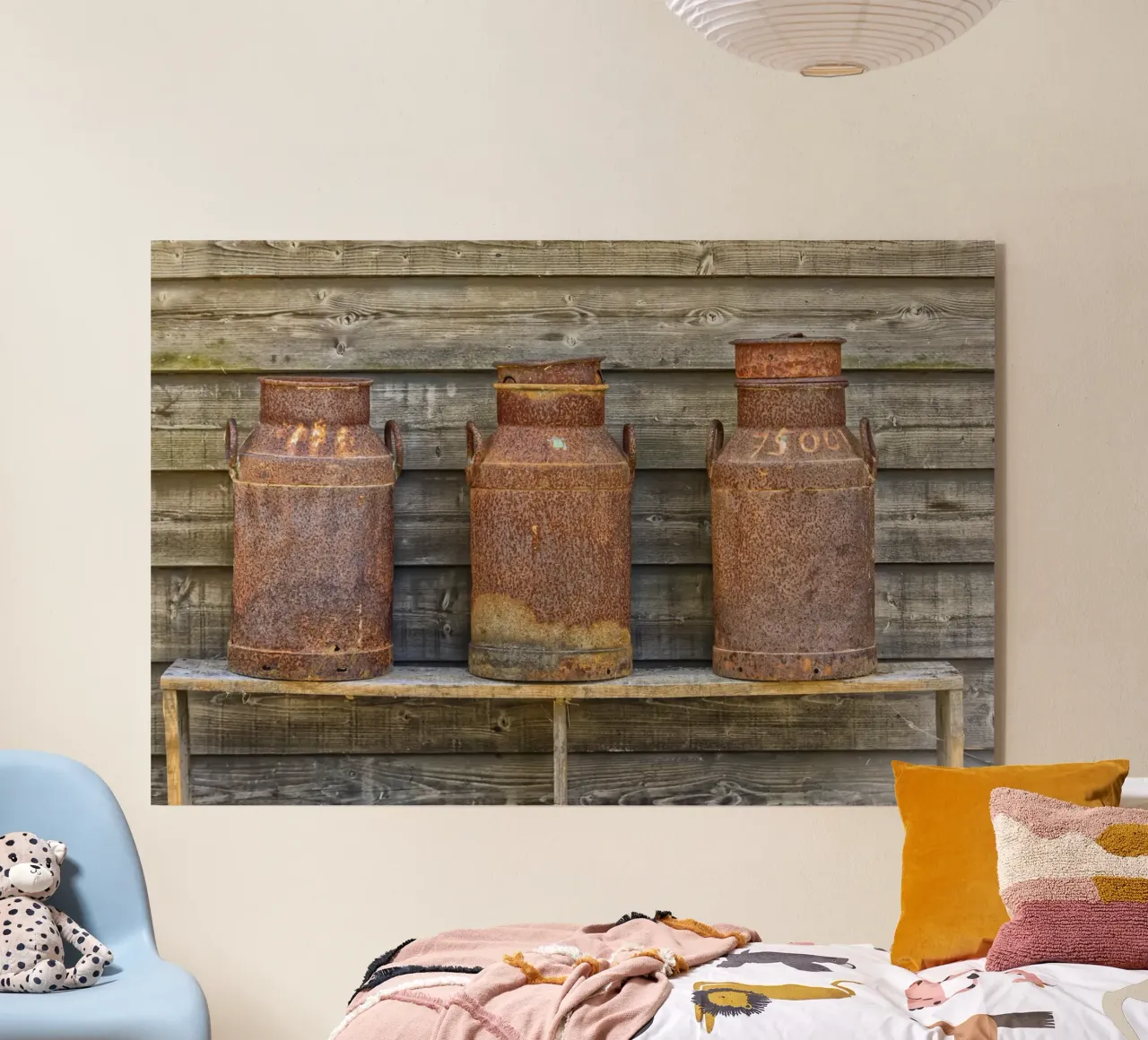 Vintage Farm Charm - Three Rusty Milk Cans in a Row plexiglass da Curious Collections by Marielle Leenders