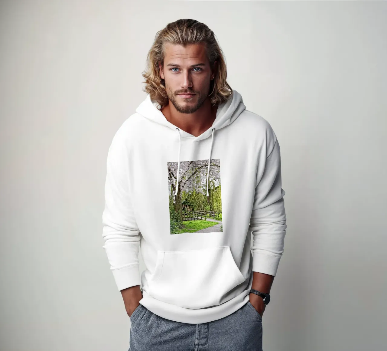 Pastel Pathway – Blossoms and Bridges in Harmony felpa con cappuccio da Curious Collections by Marielle Leenders