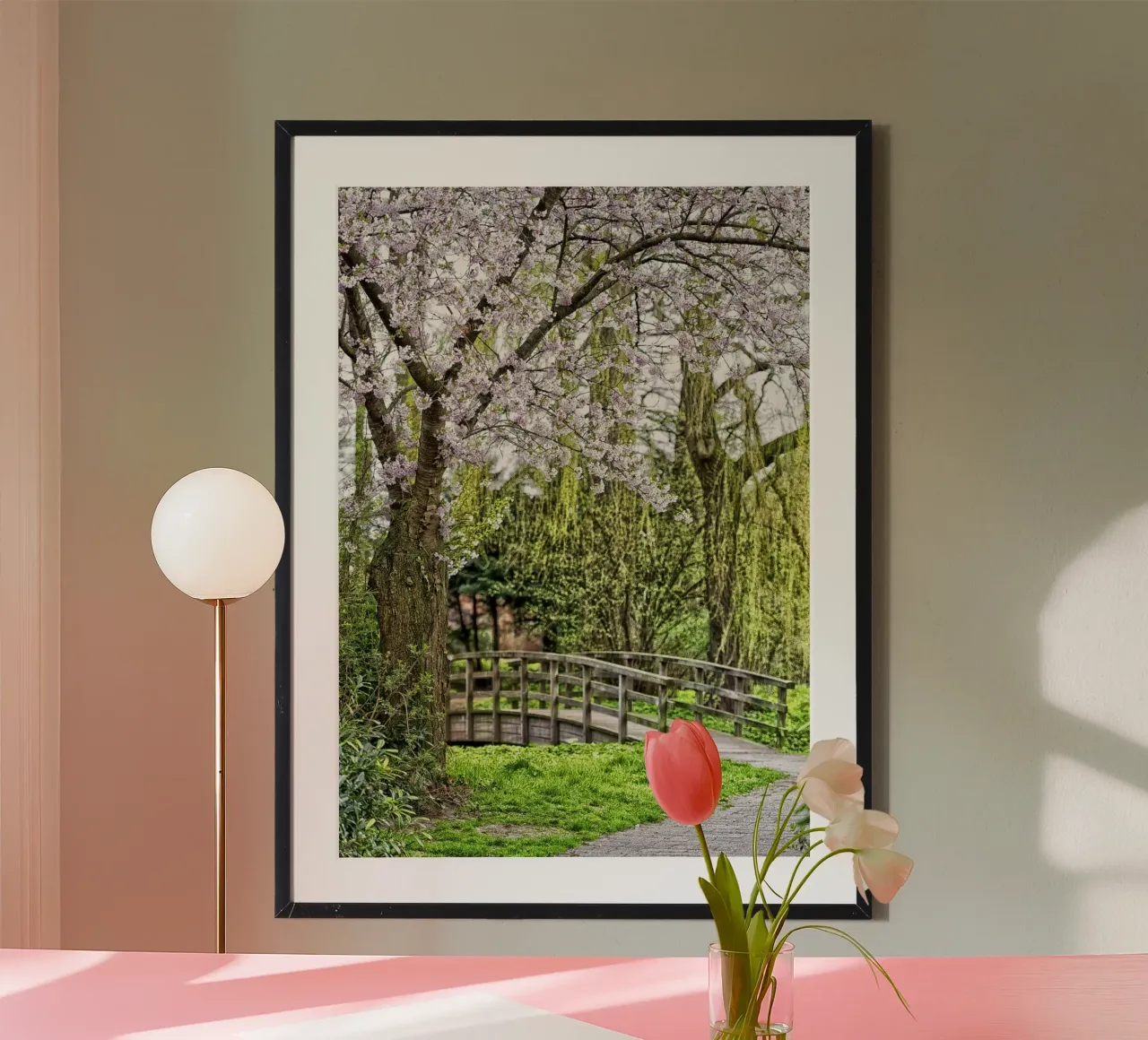 Pastel Pathway – Blossoms and Bridges in Harmony poster da Curious Collections by Marielle Leenders