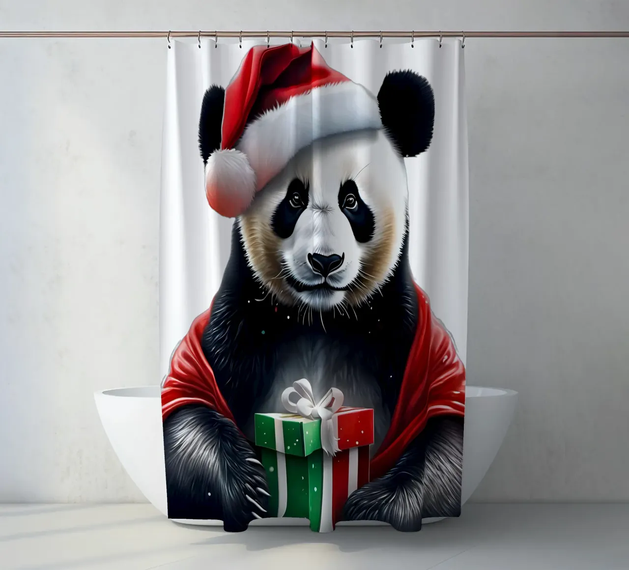Panda mit Weihnachtsmannmütze Duschvorhang von Holidays