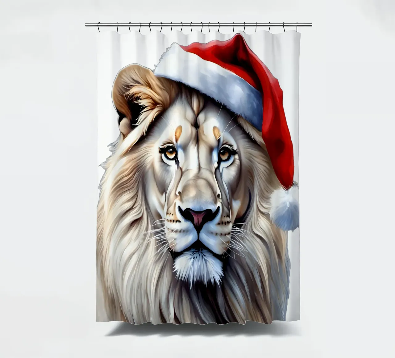 Lion in a Santa hat shower curtain by Holidays