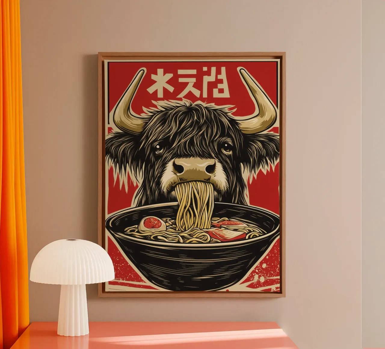Japanese Wagyu-Kobe highland cattle enjoy ramen soup canvas with Floater frame by Autofocus