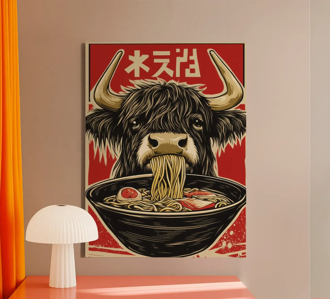 Japanese Wagyu-Kobe highland cattle enjoy ramen soup canvas with Floater frame by Autofocus