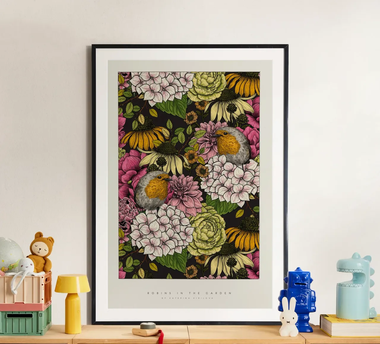 katerina Kirilova - Rotkehlchen im Garten Farbenfroh Poster von The Artcircle