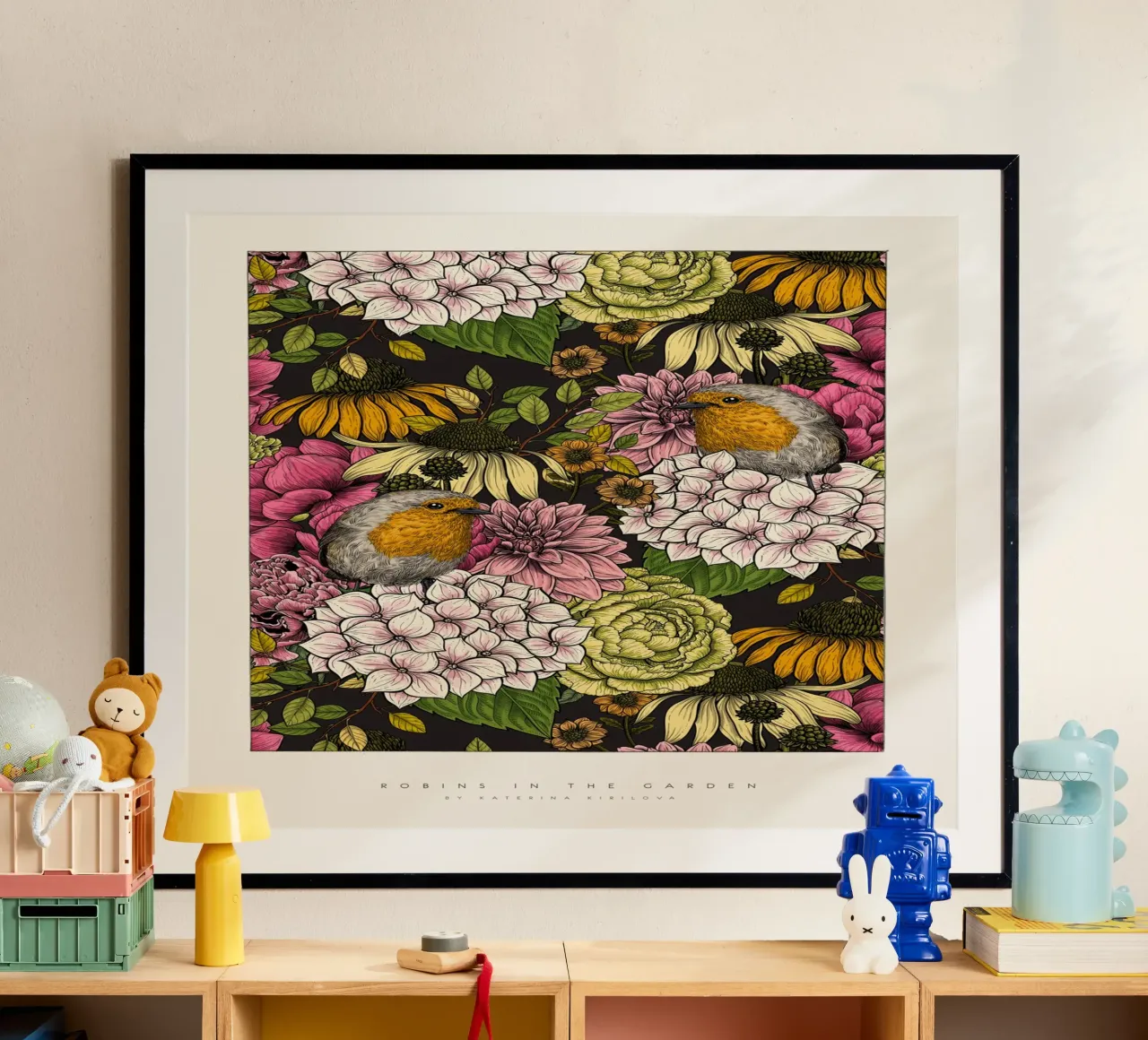 katerina Kirilova - Rotkehlchen im Garten Farbenfroh Poster von The Artcircle