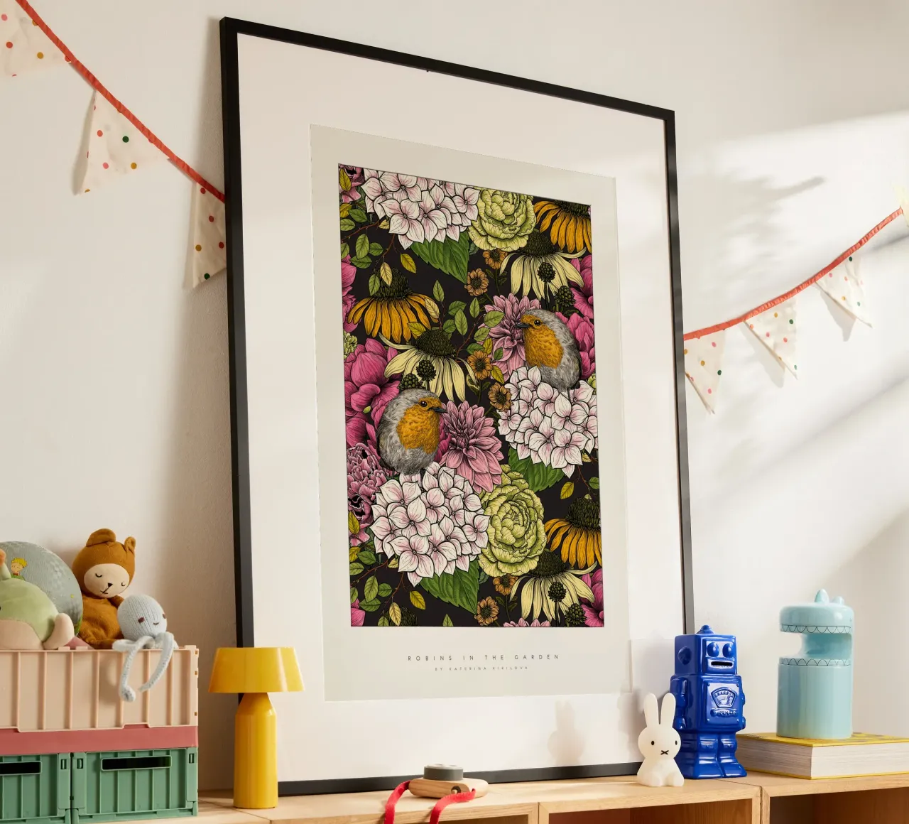katerina Kirilova - Rotkehlchen im Garten Farbenfroh Poster von The Artcircle