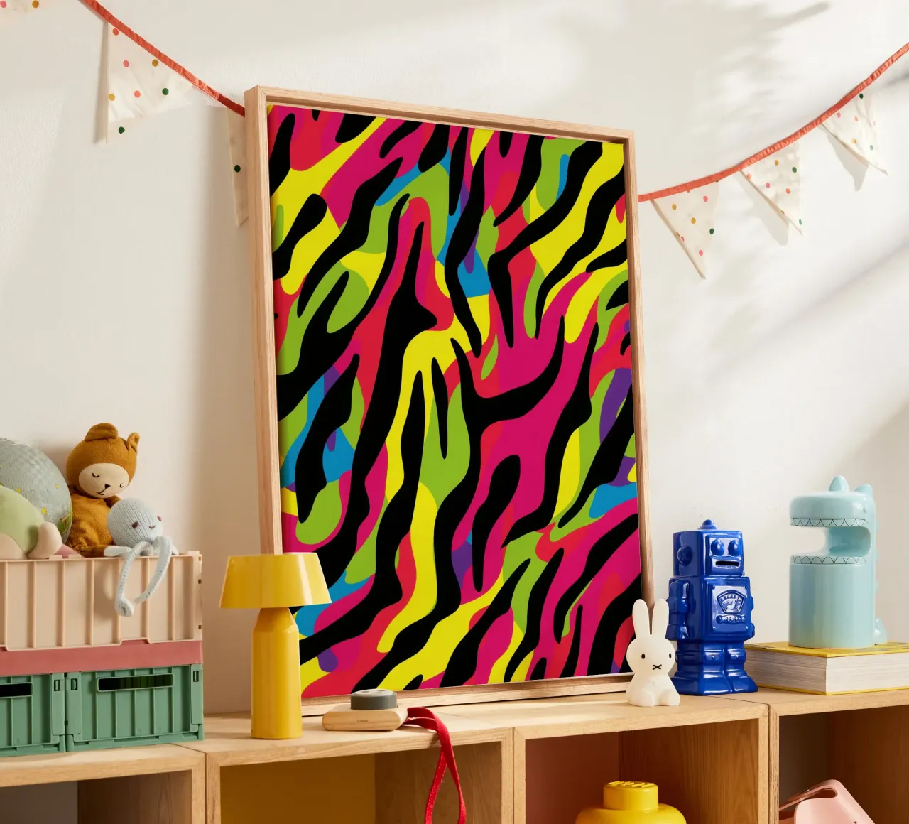 Colourful neon zebra camo pattern canvas with Floater frame by Autofocus