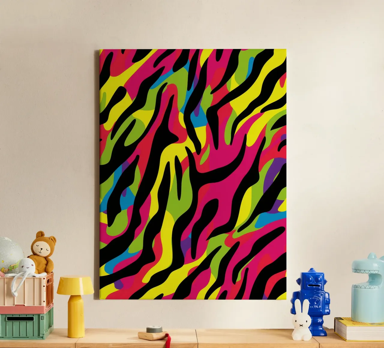 Colourful neon zebra camo pattern canvas with Floater frame by Autofocus
