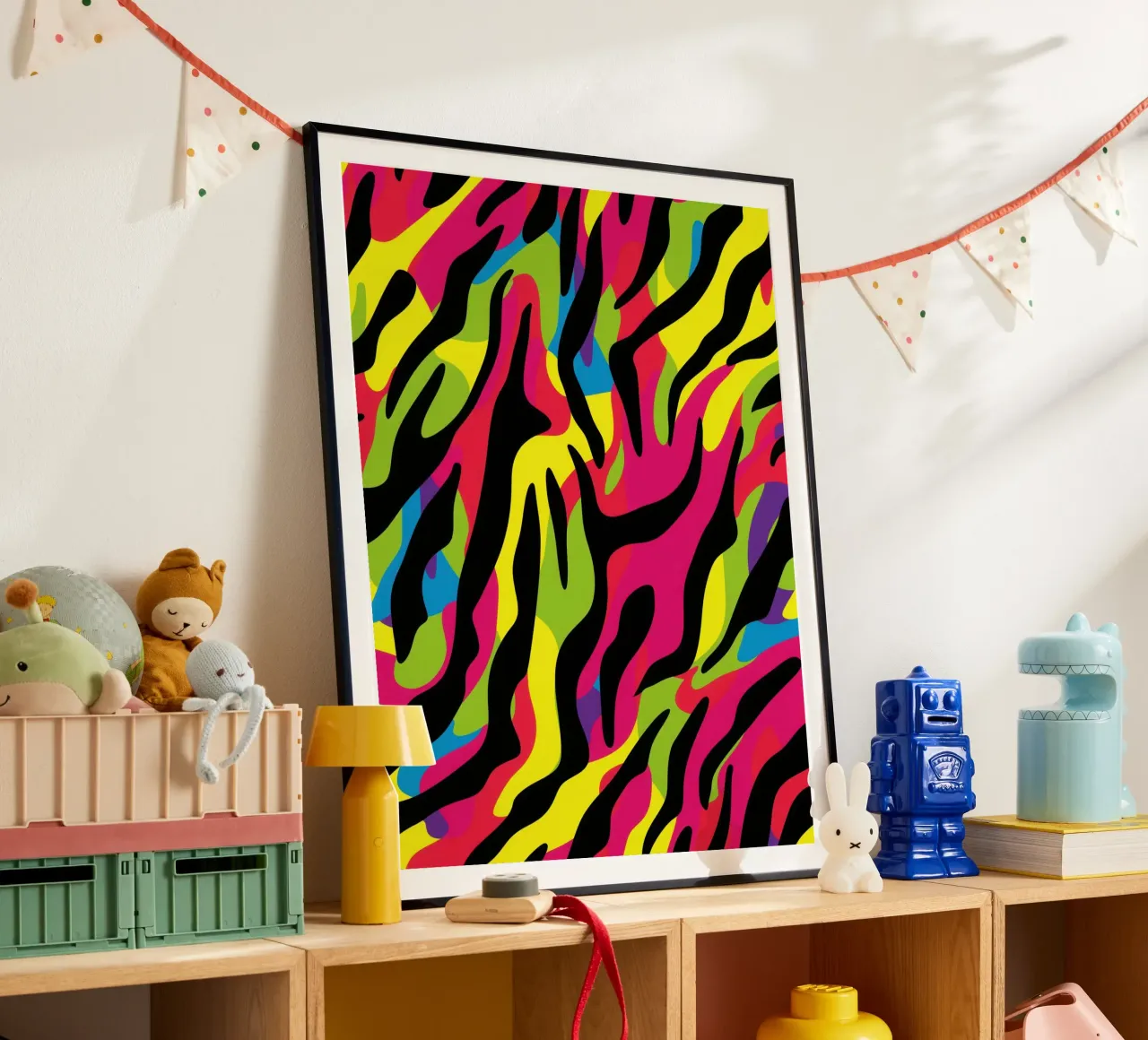 Colourful neon zebra camo pattern poster with plastic frame by Autofocus