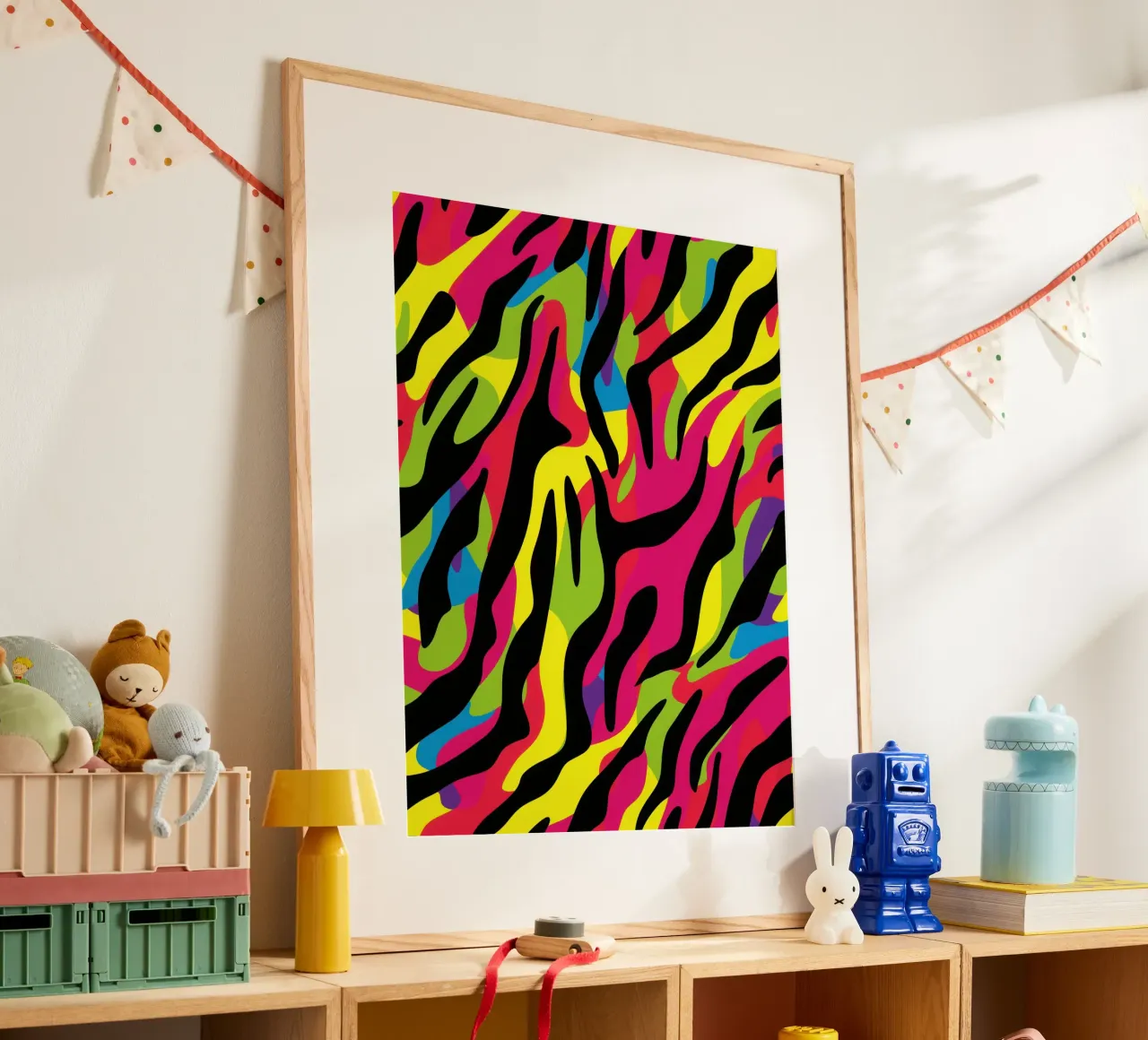 Colourful neon zebra camo pattern poster with plastic frame by Autofocus