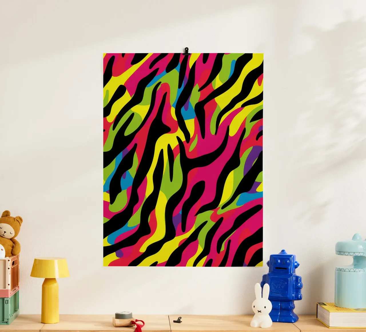 Colourful neon zebra camo pattern poster with plastic frame by Autofocus
