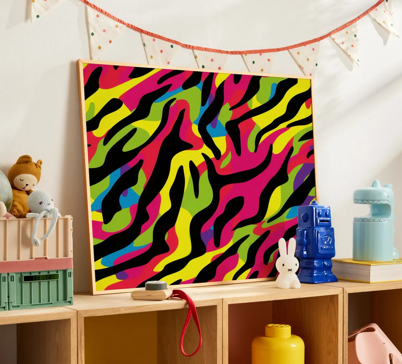 Colourful neon zebra camo pattern poster with plastic frame by Autofocus