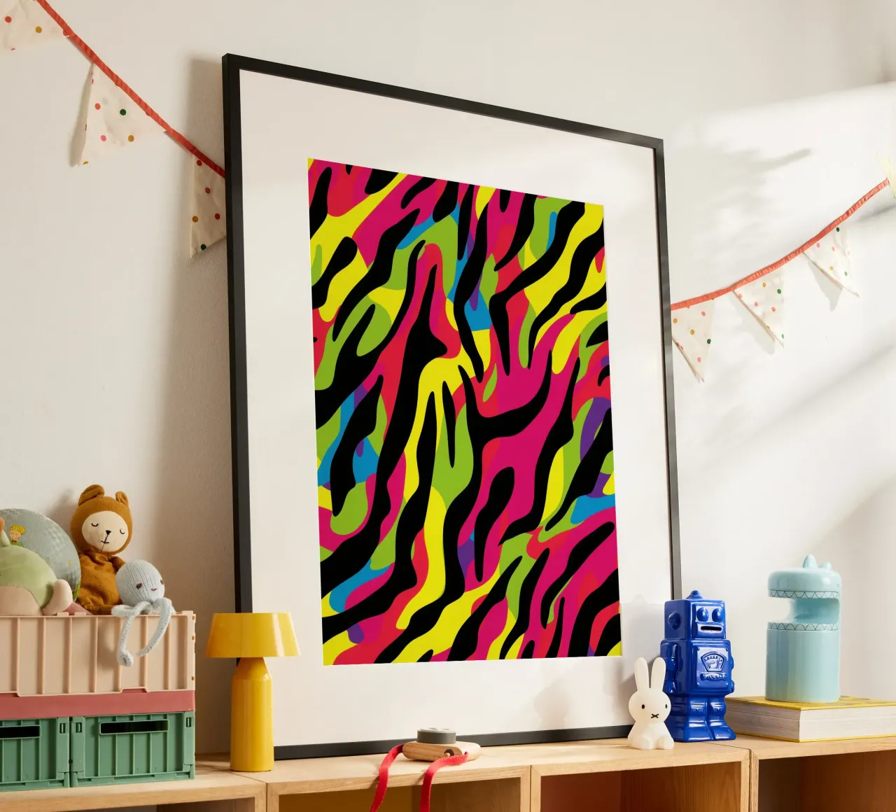 Colourful neon zebra camo pattern poster with plastic frame by Autofocus