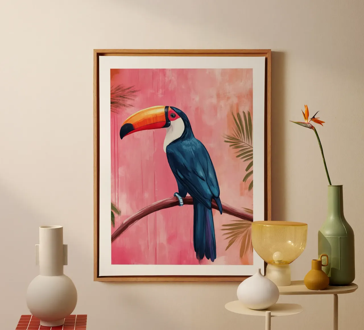 Toucan on a pink background canvas with Floater frame by DWA