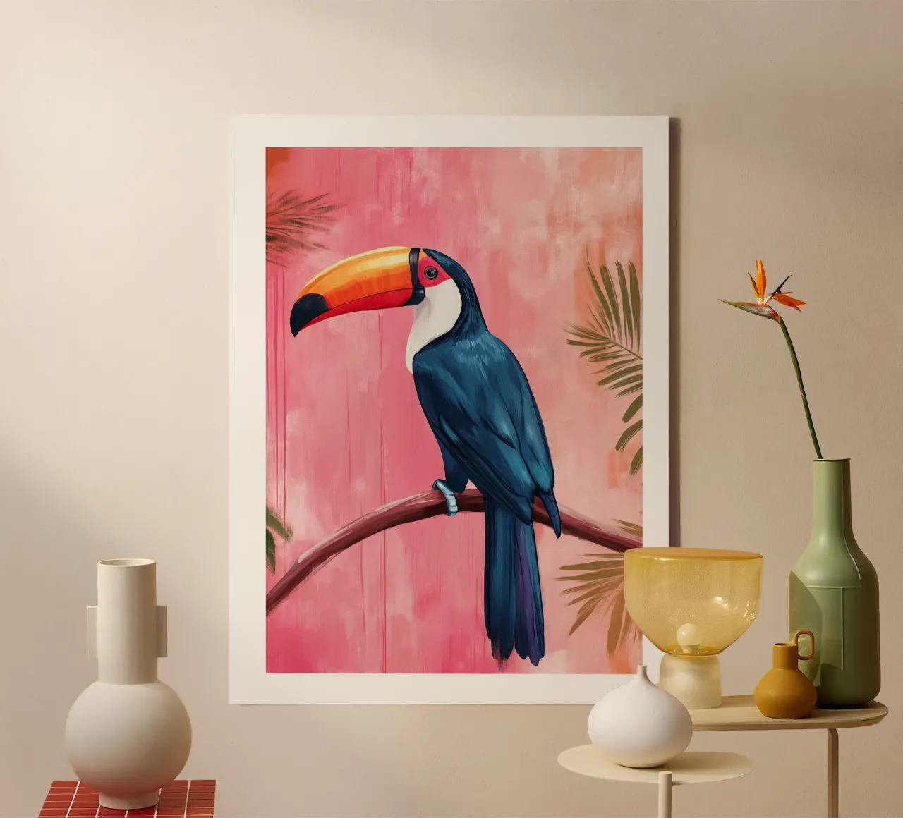 Toucan on a pink background canvas with Floater frame by DWA