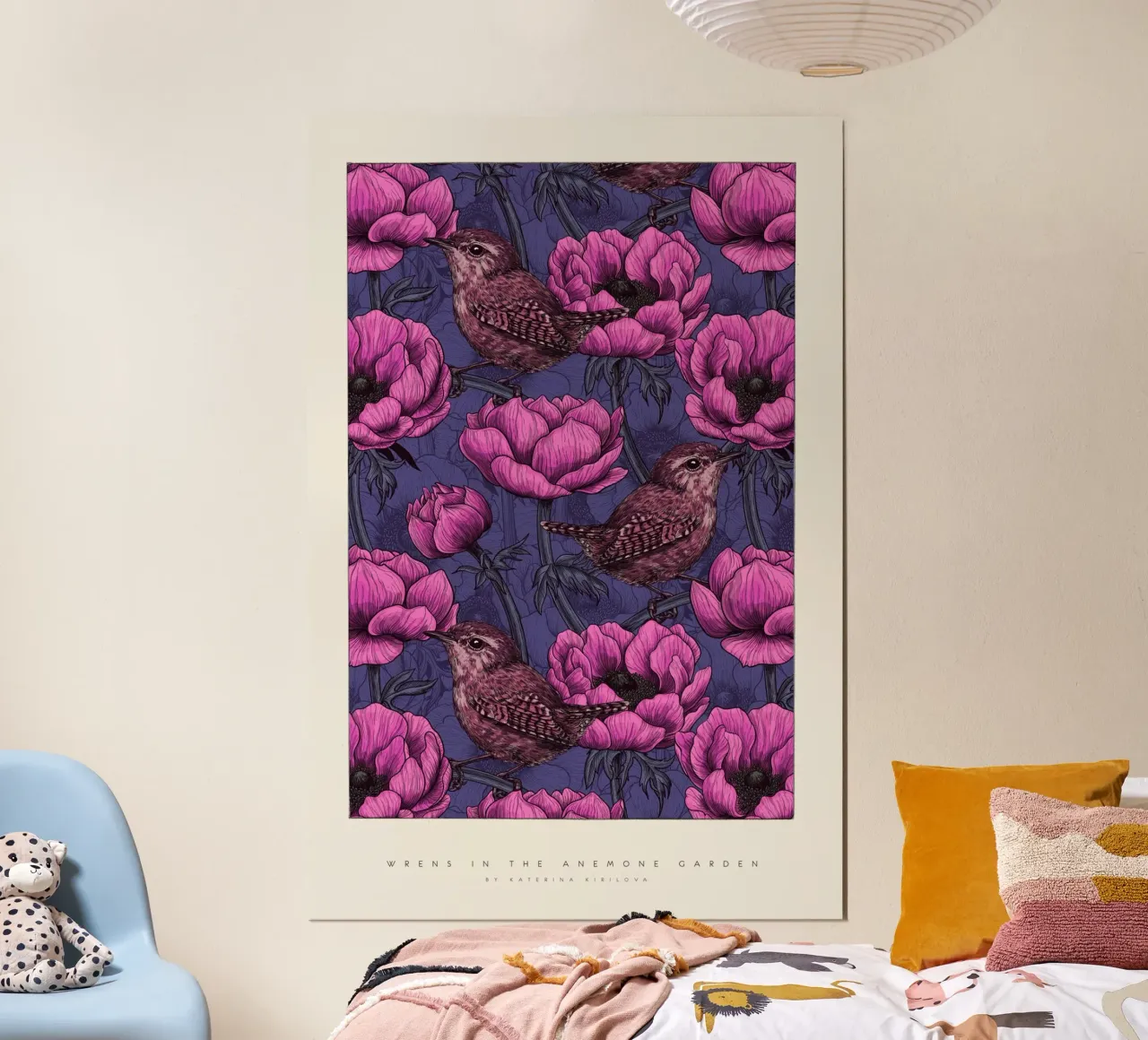 katerina Kirilova - Scriccioli nel giardino degli anemoni rosa poster con telaio in alluminio da The Artcircle