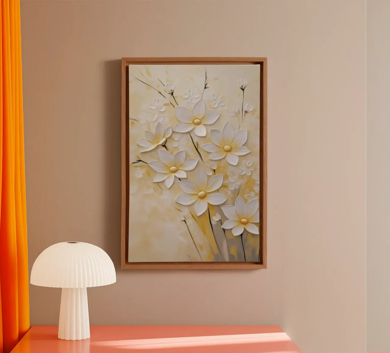 Witte bloemen abstract canvas met Baklijst van Imagine