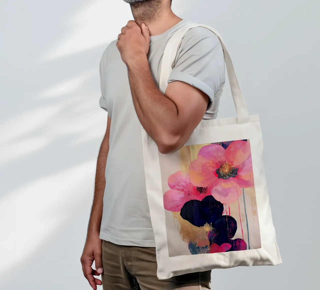 Fiori rosa con oro borsa in juta da Imagine