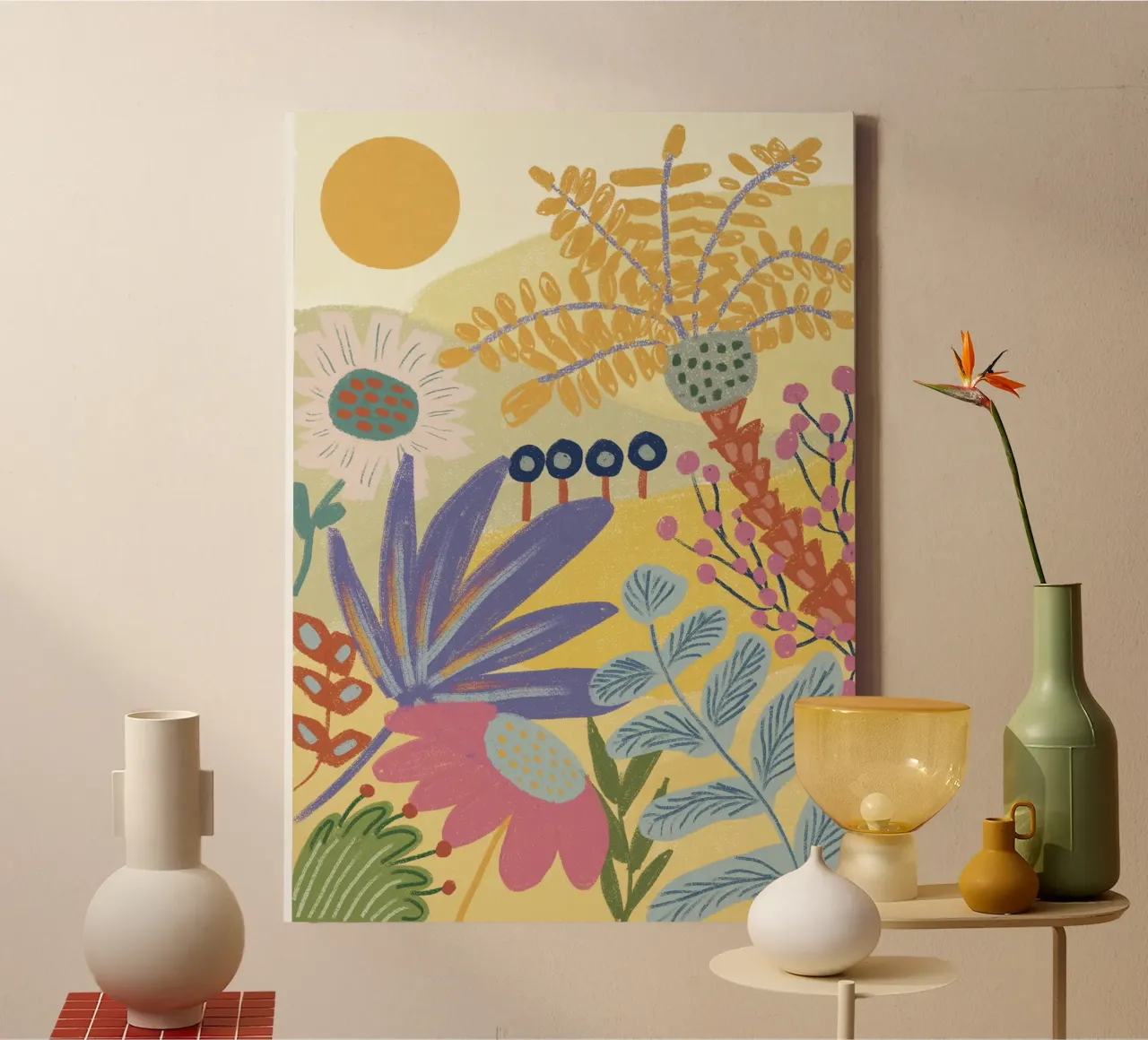Palmen & Plaatsen - Gele Tuin canvas met Baklijst van hej malu
