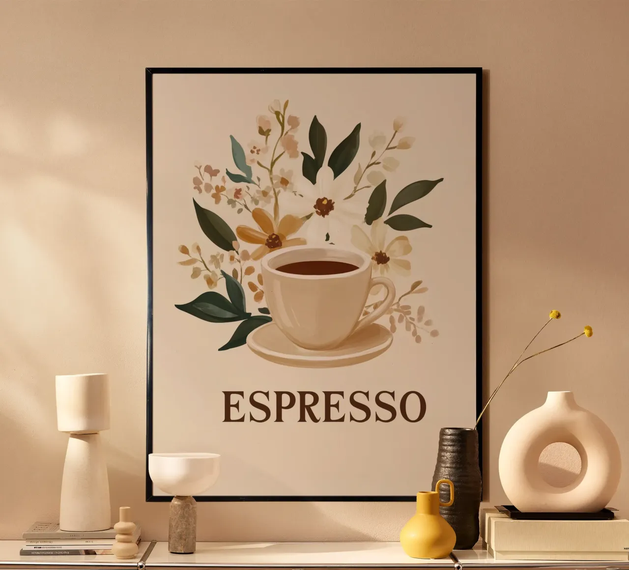 Espresso vintage con bouquet di fiori poster con telaio in plastica da Carinaprint