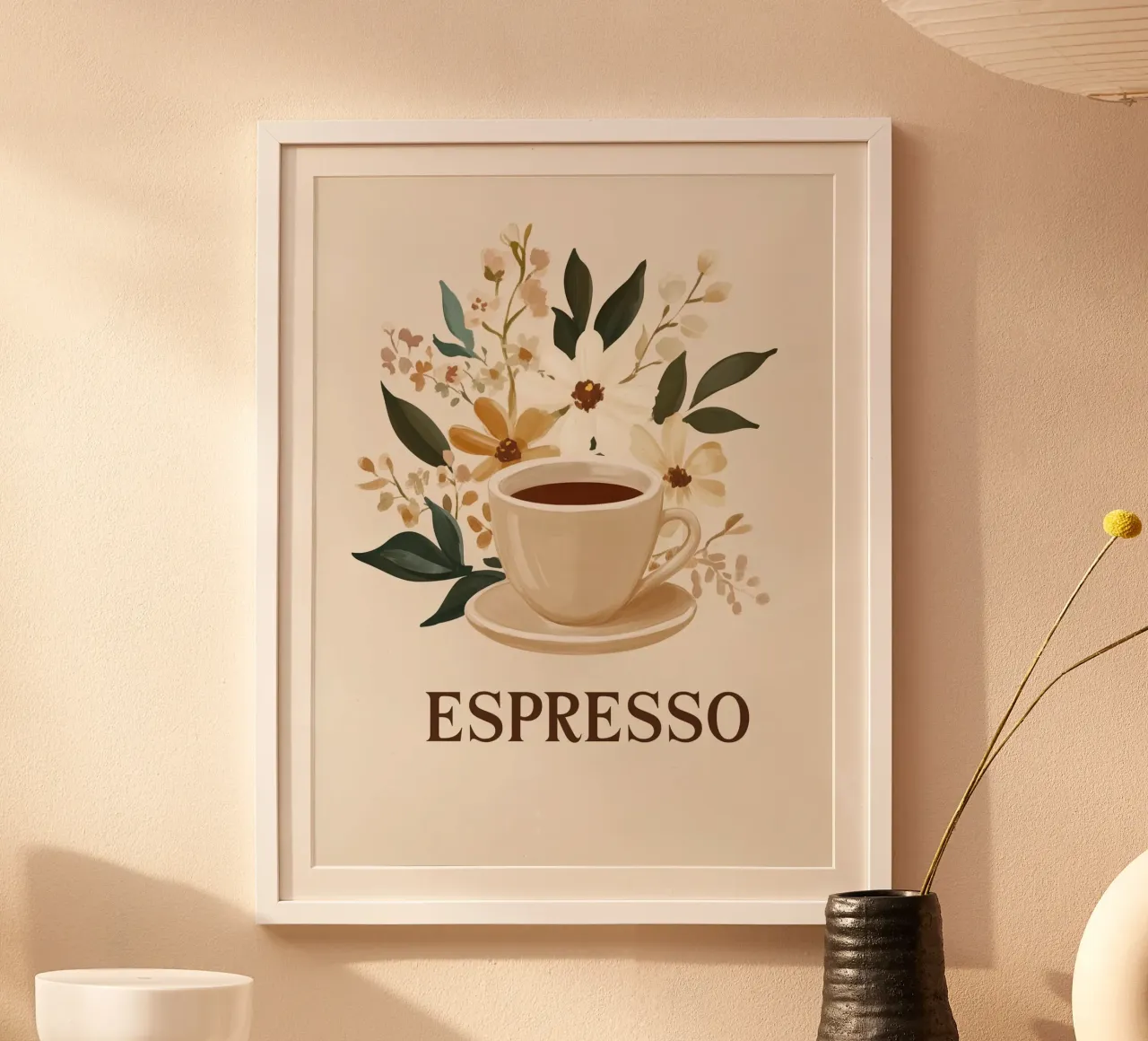 Espresso vintage con bouquet di fiori poster con telaio in plastica da Carinaprint