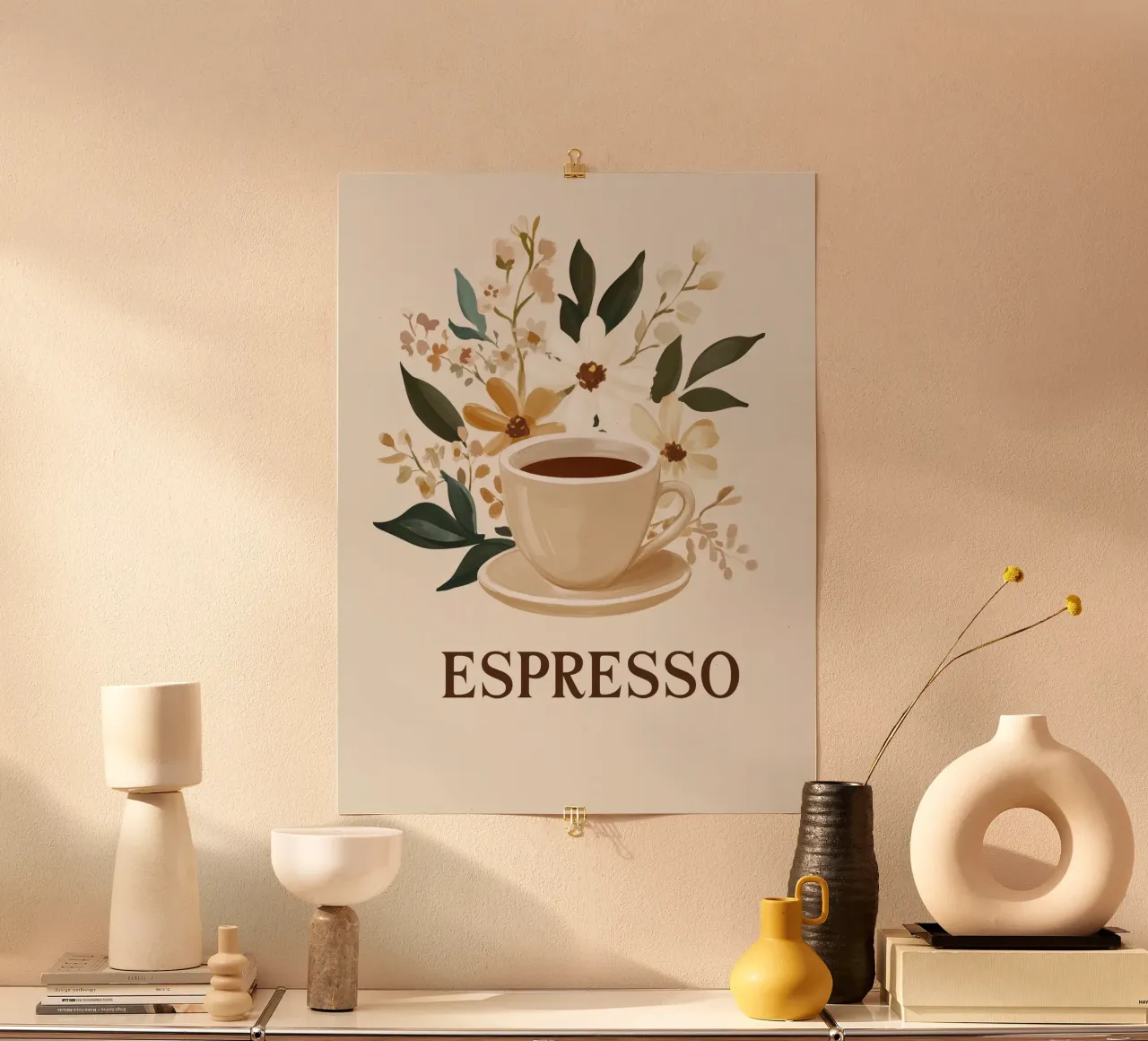 Espresso vintage con bouquet di fiori poster con telaio in plastica da Carinaprint