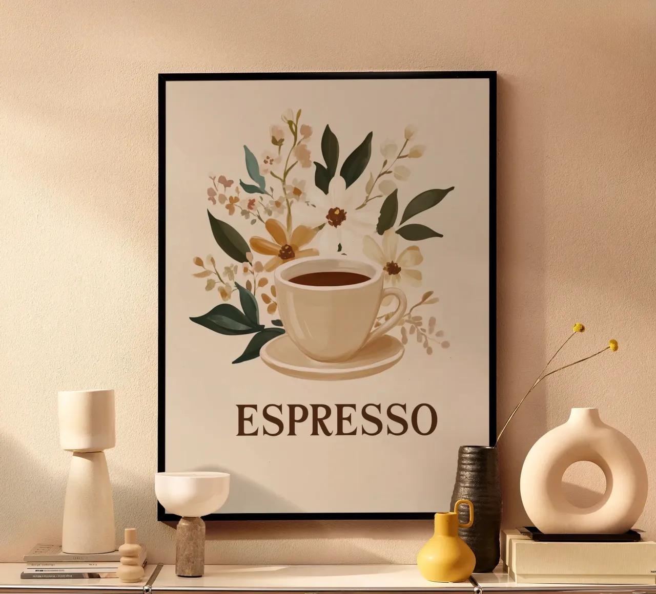 Espresso vintage con bouquet di fiori poster con telaio in plastica da Carinaprint