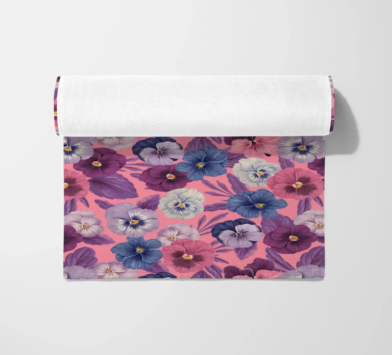 Colorful pansies on candy pink beach towel by Painted Nature