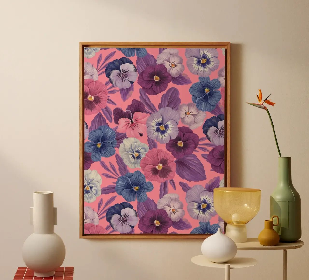 Kleurrijke viooltjes op zuurstokroze canvas met Baklijst van Painted Nature